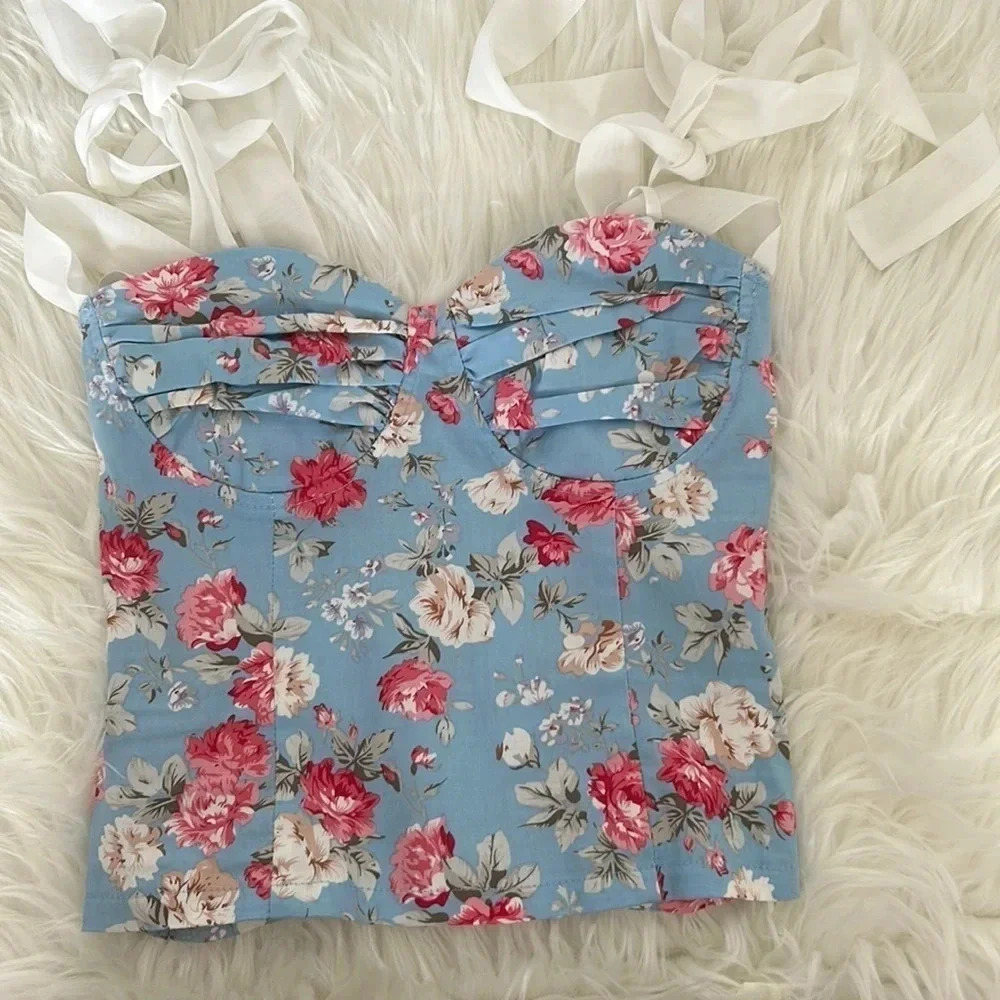 Redberry blue floral tank top size small corset white ribbon straps